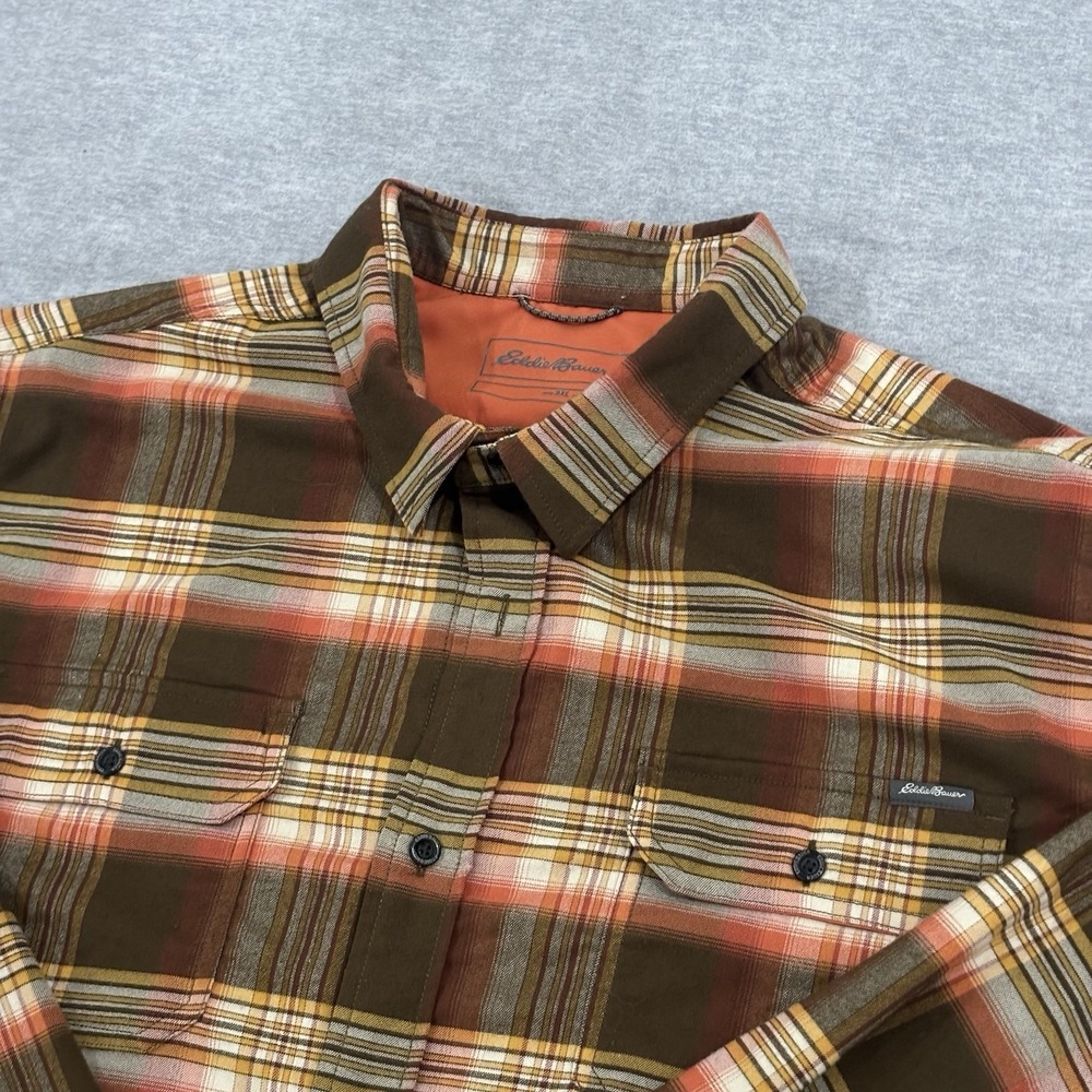 Eddie Bauer Men's 3XL Long Sleeve Plaid Flannel Shirt Two Pocket Orange Brown
